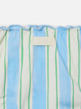Emy white, light blue and green striped bikini with ruffled edges