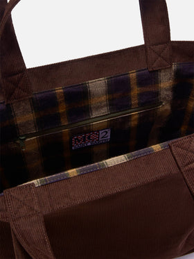 Shopper Essential marrone in velluto a coste con ricamo logo