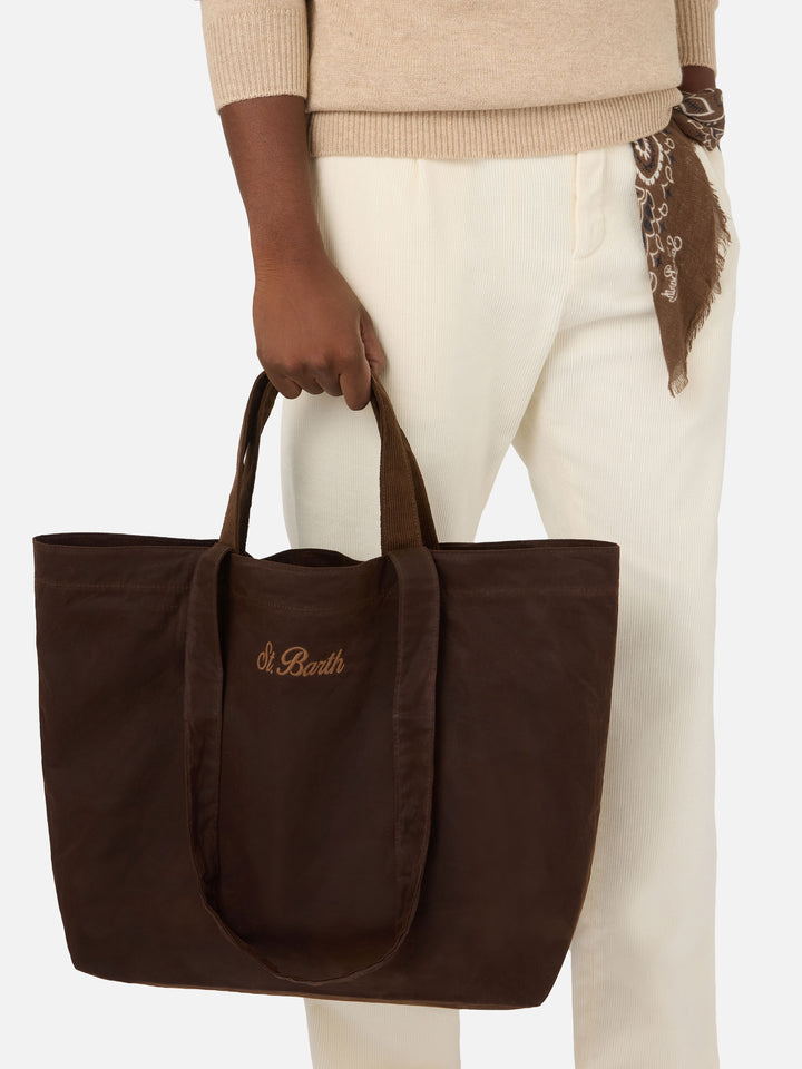 Shopper Essential marrone in tessuto cerato con ricamo logo