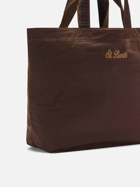 Shopper Essential marrone in tessuto cerato con ricamo logo