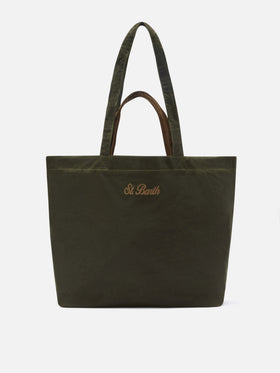 Shopper Essential verde militare in tessuto cerato con ricamo logo