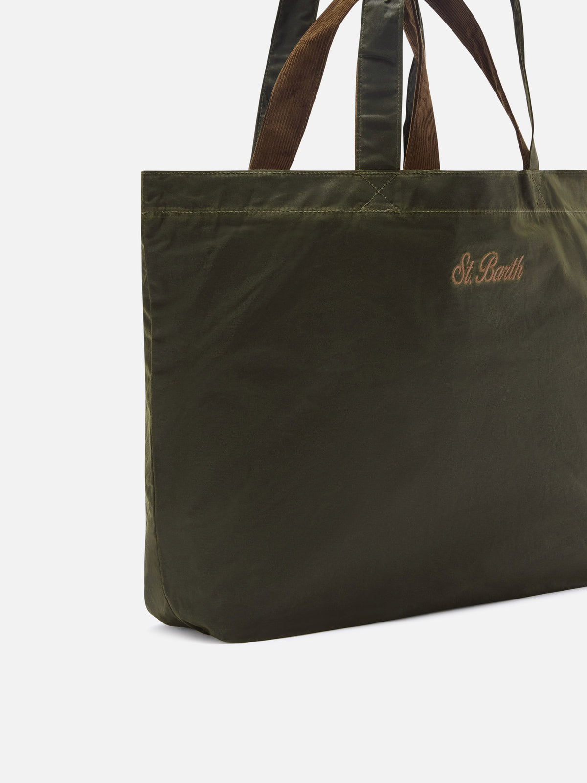 Shopper Essential verde militare in tessuto cerato con ricamo logo