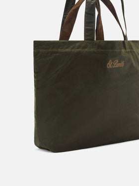 Shopper Essential verde militare in tessuto cerato con ricamo logo