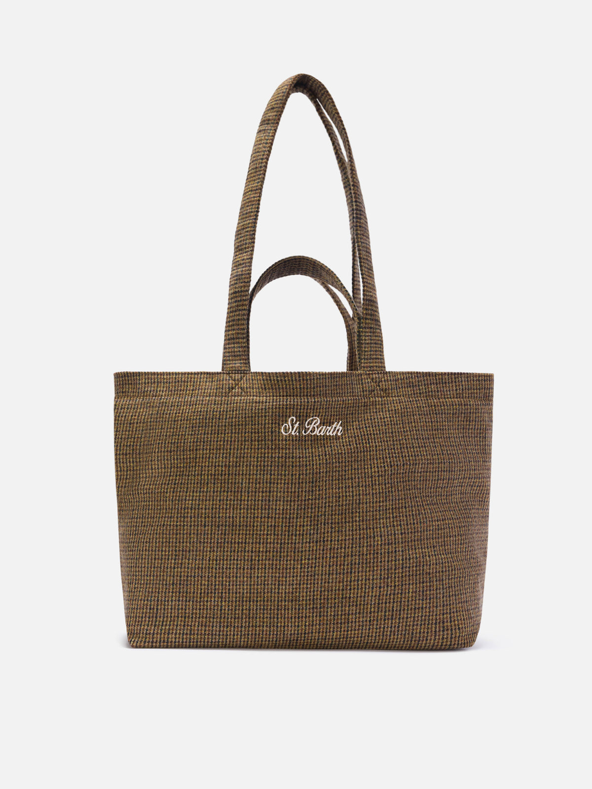 Beige Essential wool blend tote bag with houndstooth pattern
