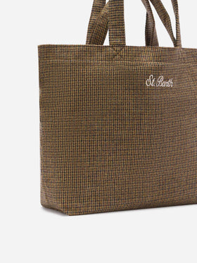 Beige Essential wool blend tote bag with houndstooth pattern
