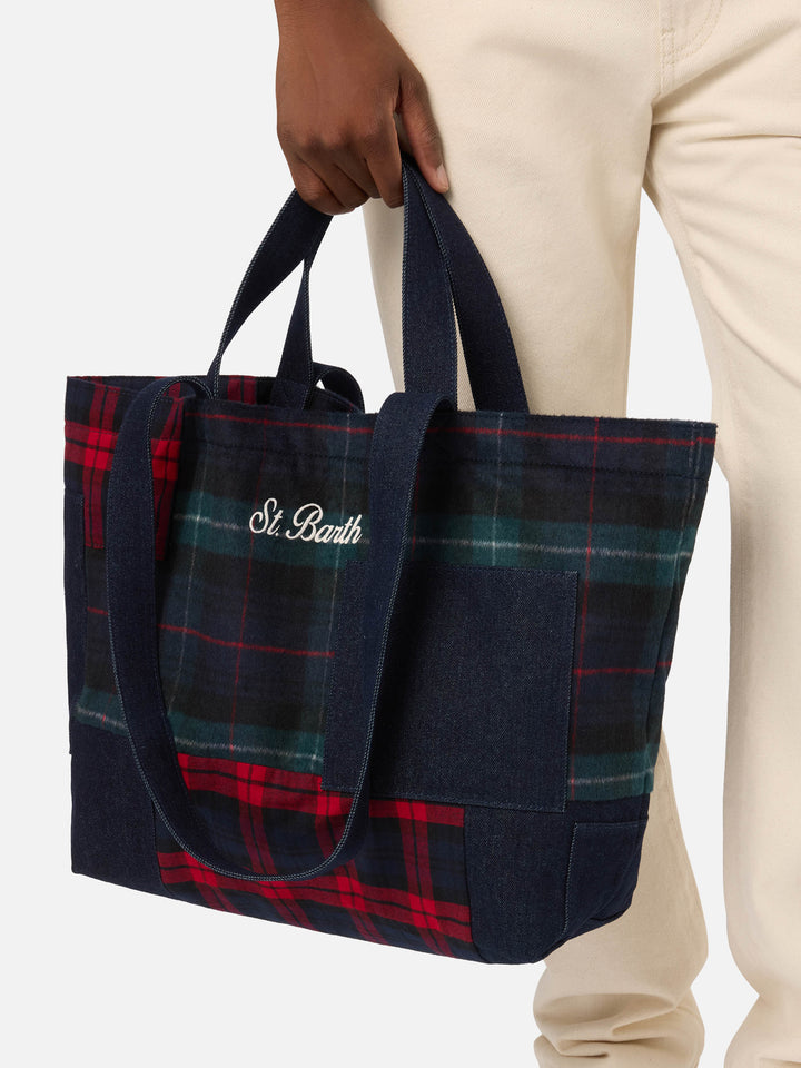 Essential tote bag with patchwork denim and tartan