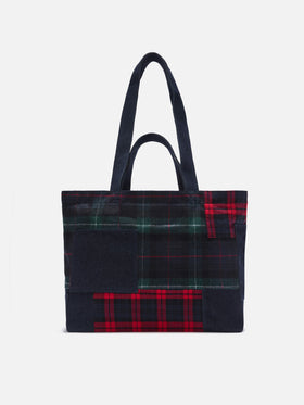 Essential tote bag with patchwork denim and tartan