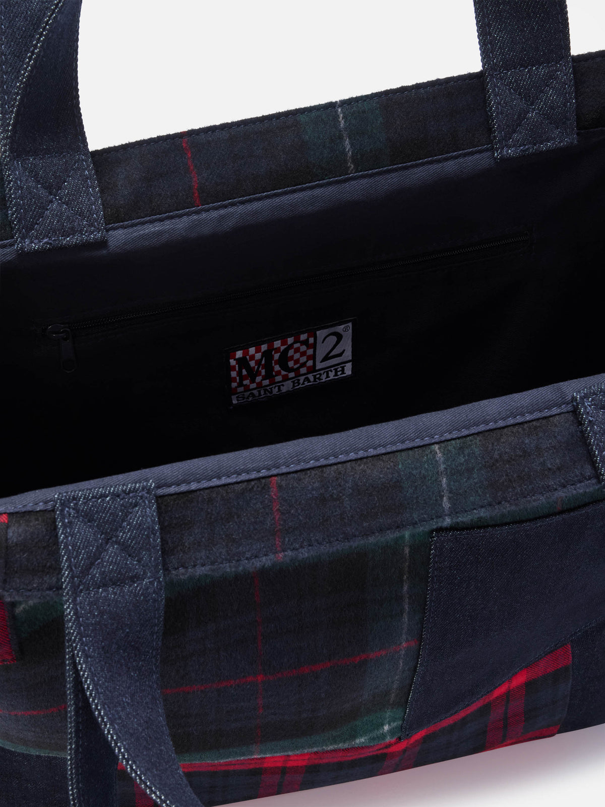 Essential tote bag with patchwork denim and tartan