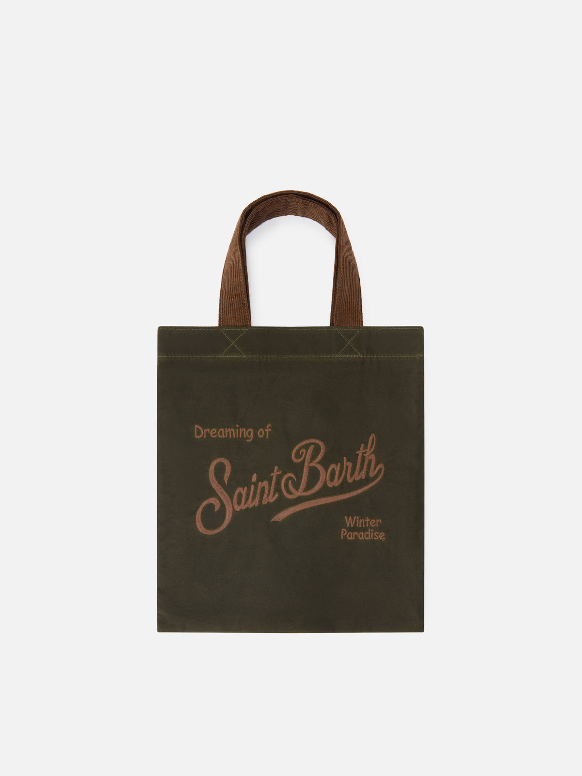 Shopper Mini Essential verde militare in tessuto cerato con ricamo logo