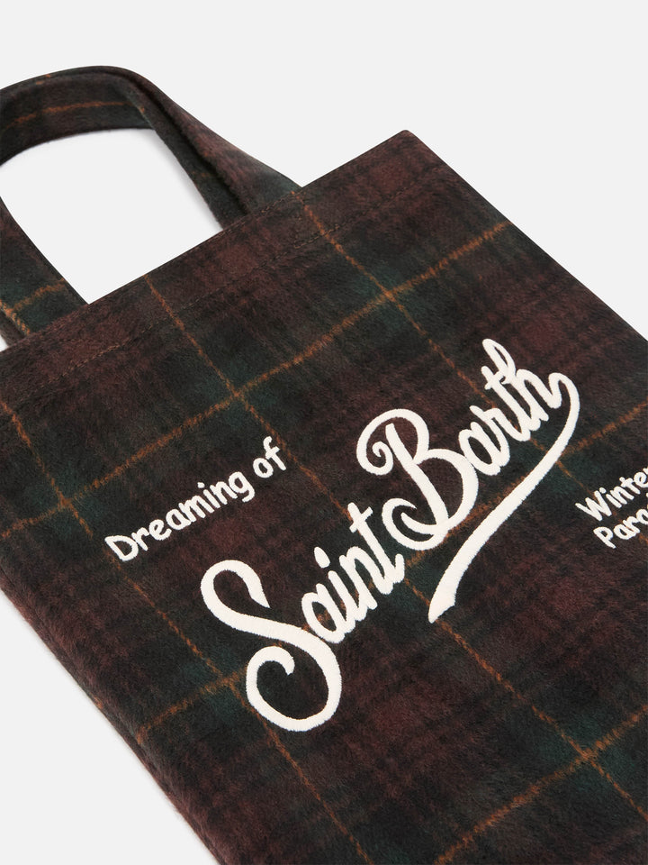 Mini Essential wool blend tote bag with tartan pattern
