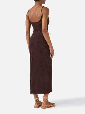 Long Evy dress in brown with degradé-effect strass