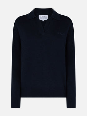 Woman navy blue cashmere blend sweater Eze with polo collar - MC2 Saint Barth