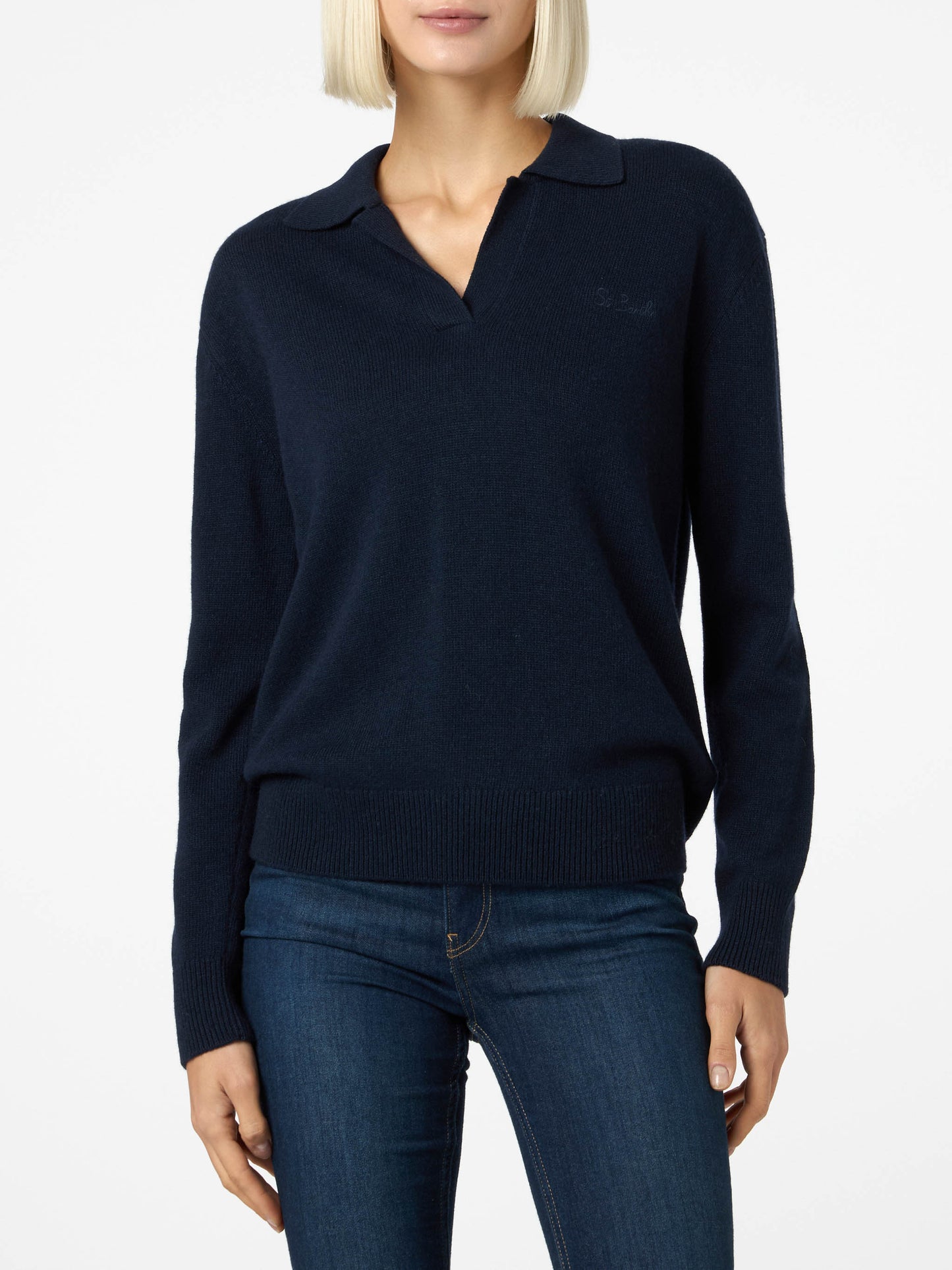 Woman navy blue cashmere blend sweater Eze with polo collar - MC2 Saint Barth