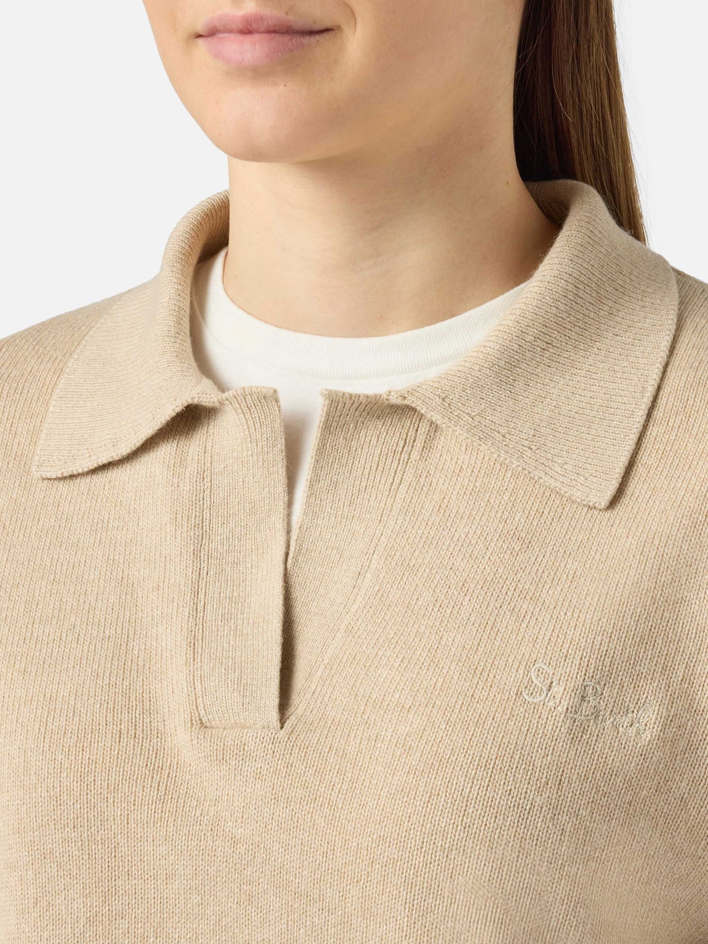 Maglione Eze in misto cashmere beige con collo polo