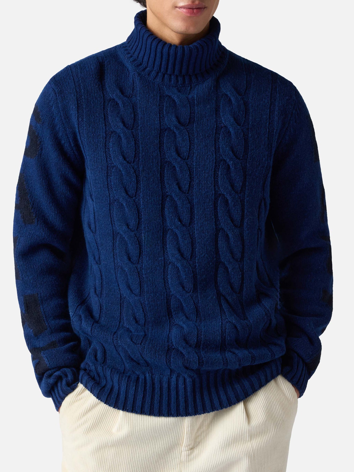 Schwarzer Rollkragenpullover mit Zopfmuster für Herren Fisherman