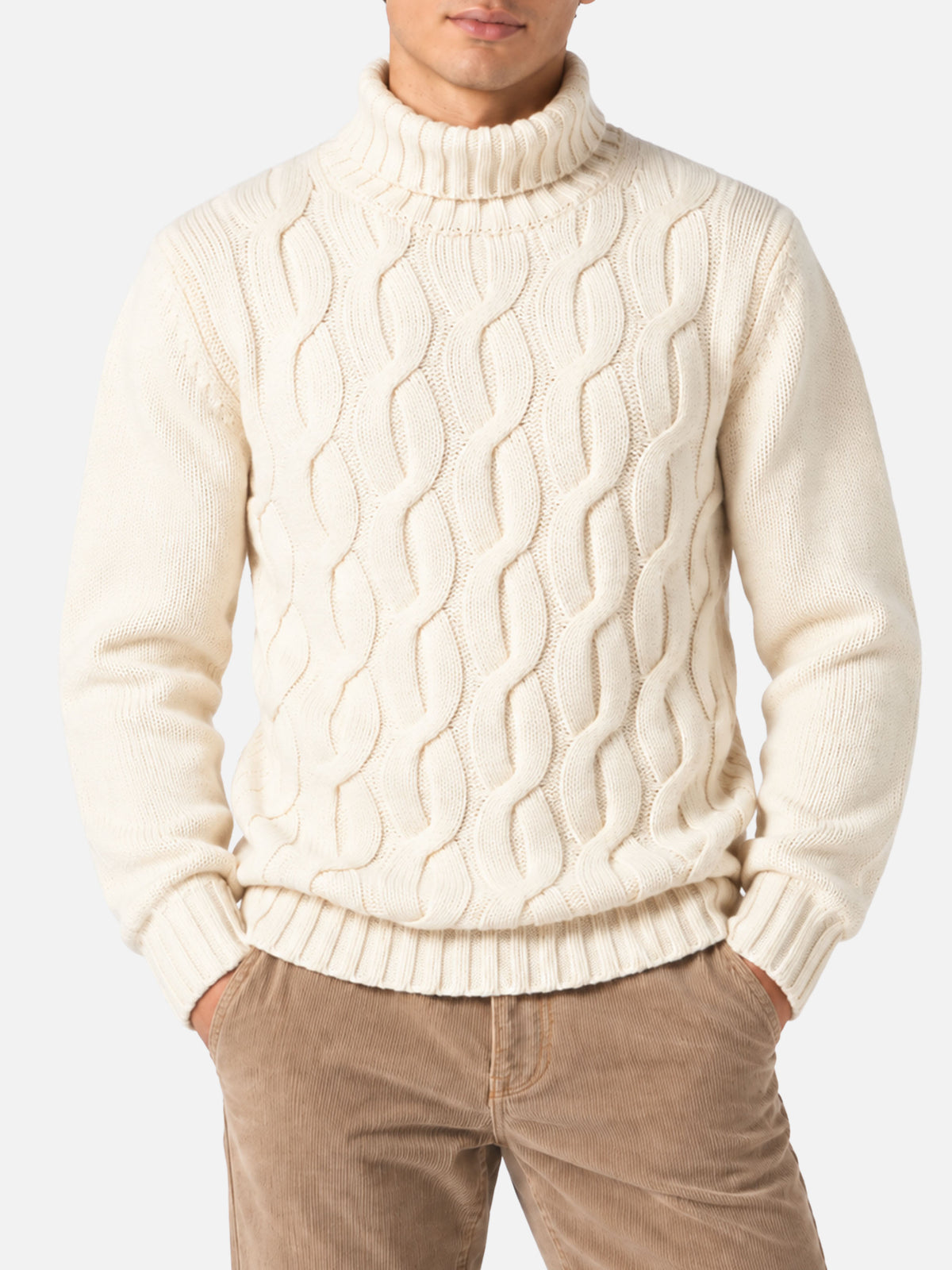 Pull en maille torsadée style pêcheur en mélange de cachemire blanc cassé 