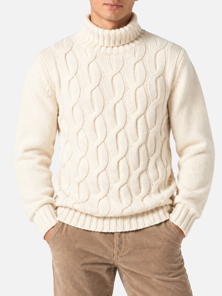 Maglia Fisherman in misto cashmere panna lavorazione trecce