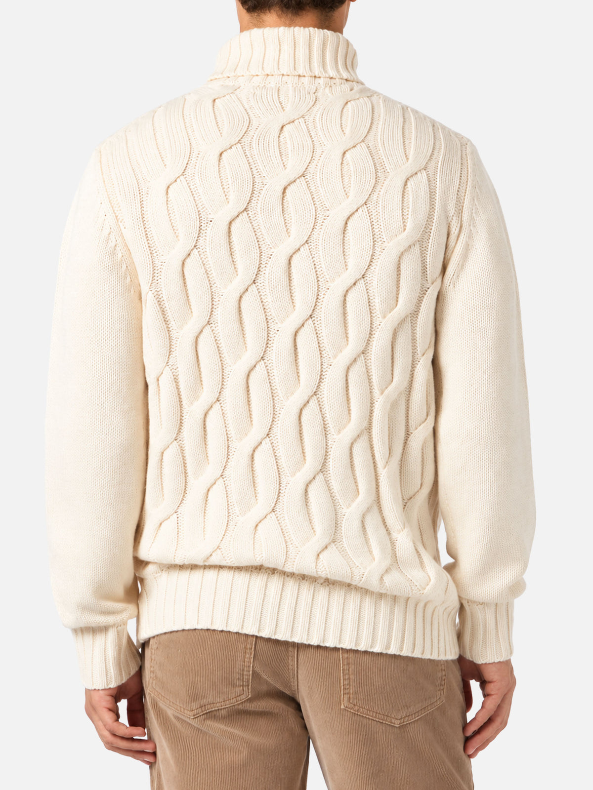 Pull en maille torsadée style pêcheur en mélange de cachemire blanc cassé 