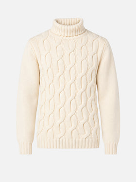 Pull en maille torsadée style pêcheur en mélange de cachemire blanc cassé 