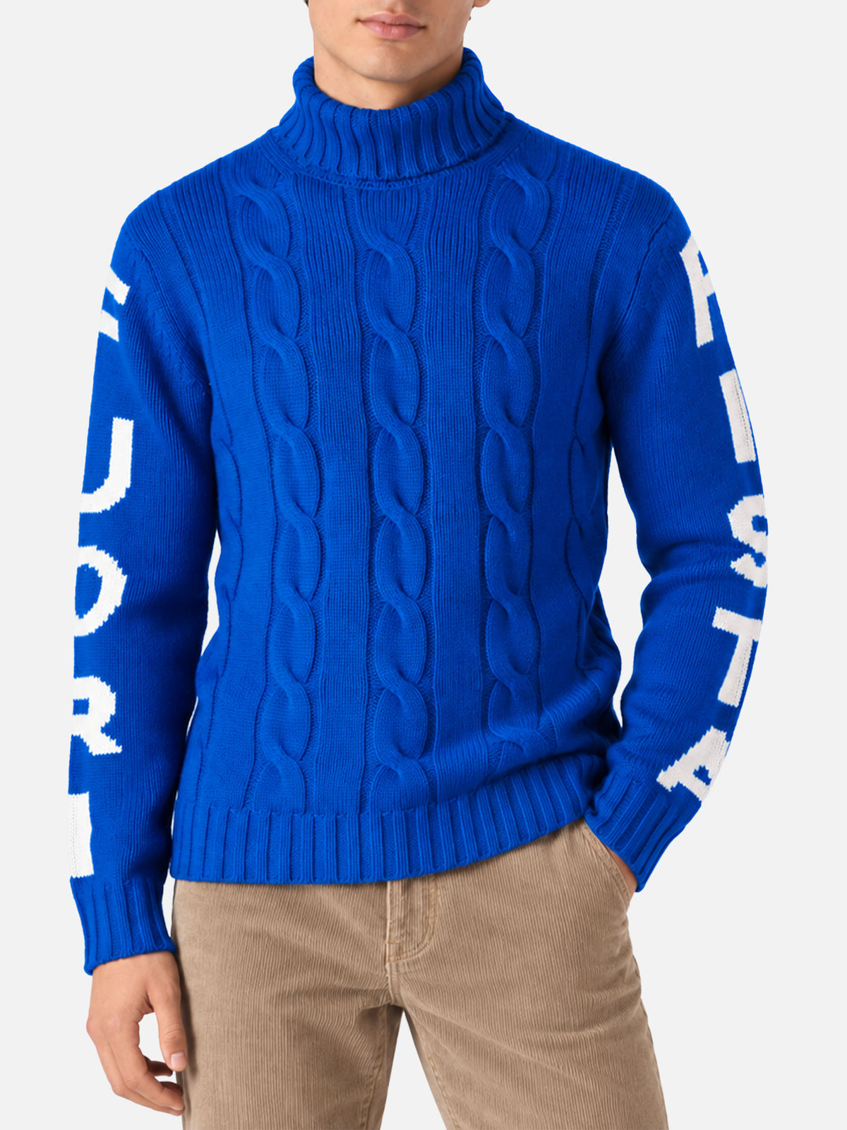 Rollkragenpullover im Fisherman-Zopfmuster mit Fuori pista-Jacquard in Blau 