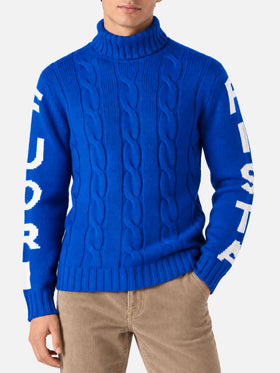 Rollkragenpullover im Fisherman-Zopfmuster mit Fuori pista-Jacquard in Blau 