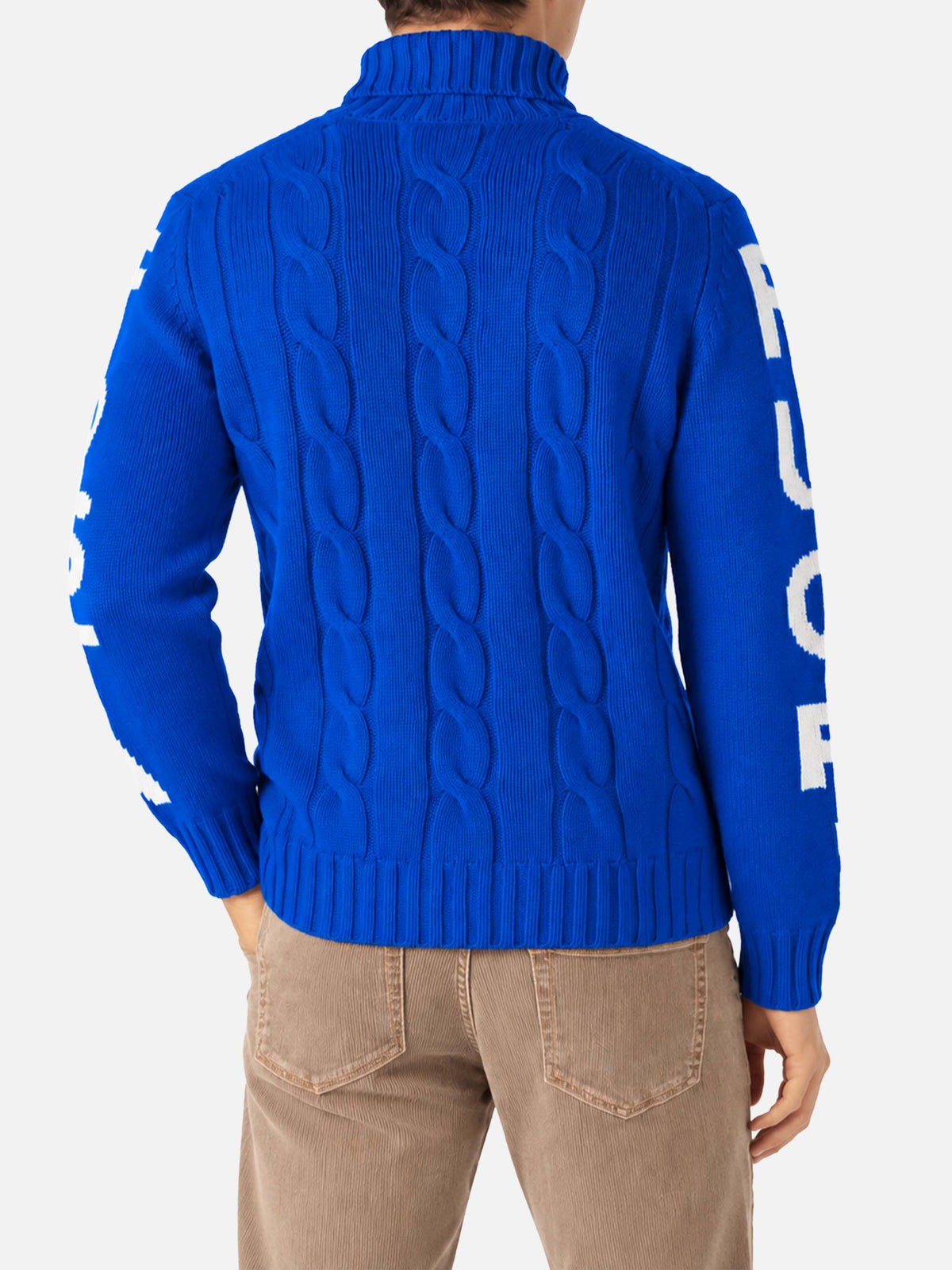 Rollkragenpullover im Fisherman-Zopfmuster mit Fuori pista-Jacquard in Blau 