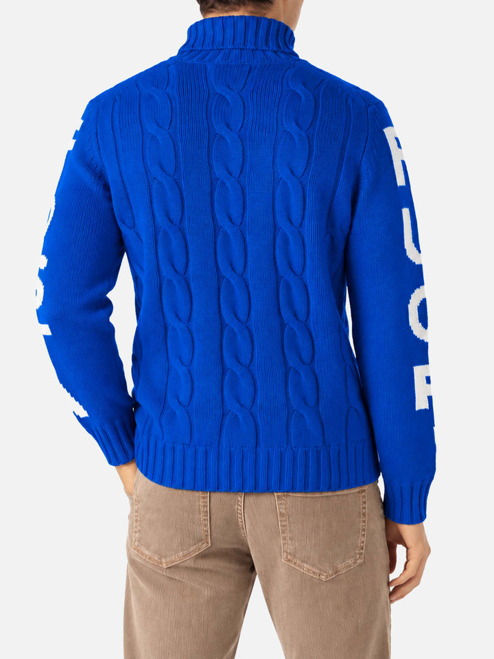 Fisherman cable-knit turtleneck sweater with Fuori pista jacquard blue