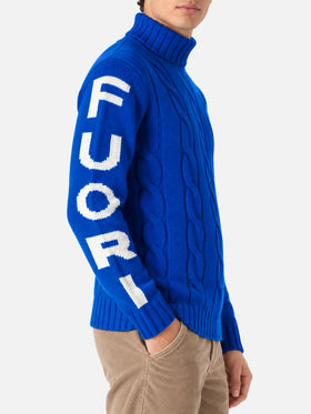 Rollkragenpullover im Fisherman-Zopfmuster mit Fuori pista-Jacquard in Blau 