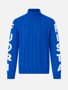 Rollkragenpullover im Fisherman-Zopfmuster mit Fuori pista-Jacquard in Blau 