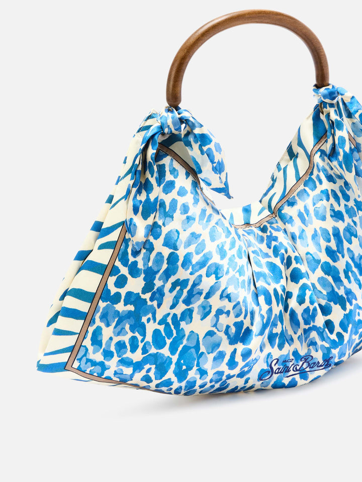 Tasche aus Seidenfoulard mit Holzgriff und Animal-Print 