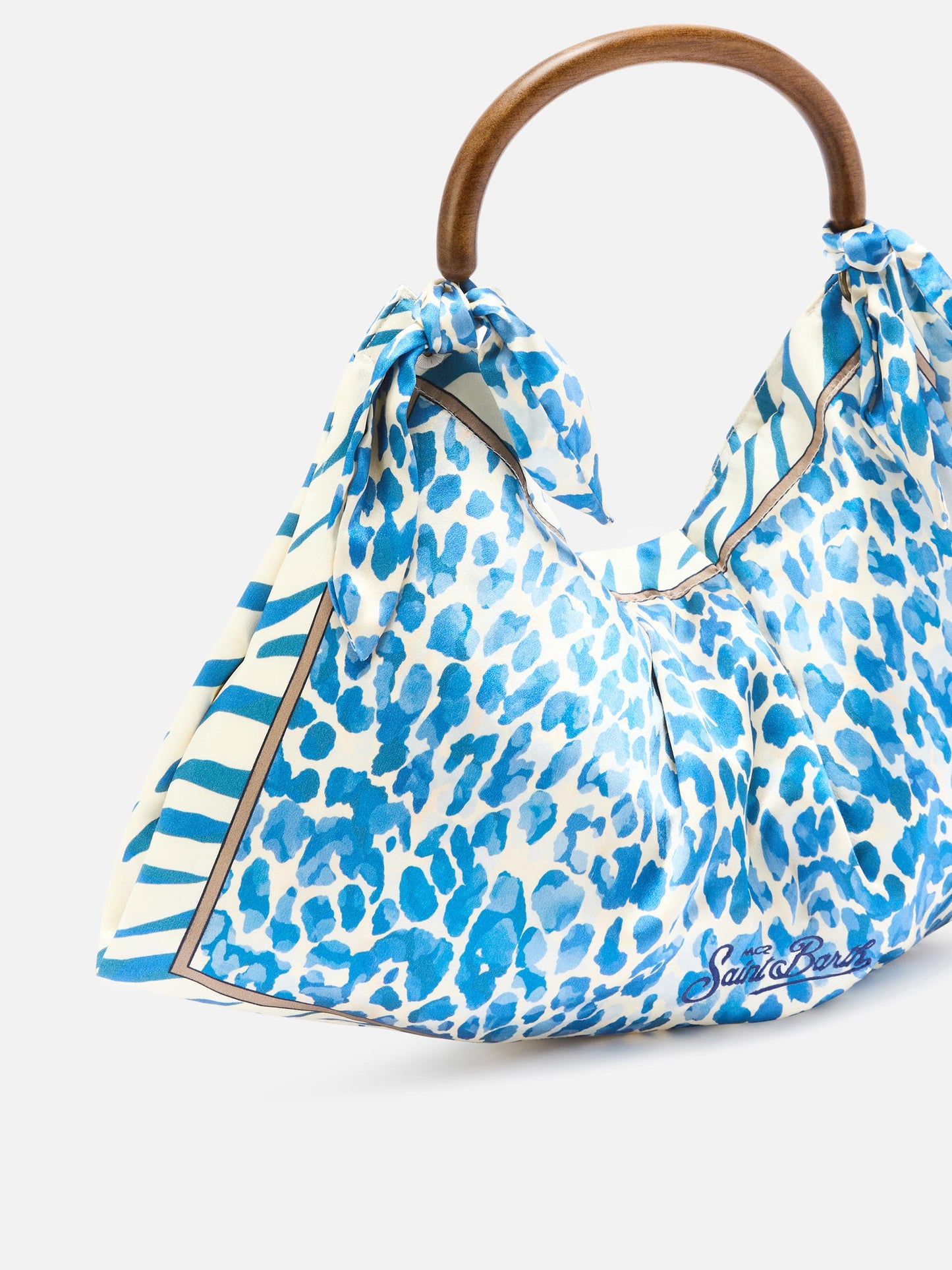 Bolso foulard de seda con asa de madera y estampado animal 
