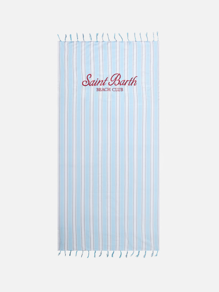 Foutas Lightbeach towel with light blue and white stripes and embroidered logo