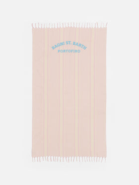 Leichtes Baumwoll-Strandtuch Fouta mit rosa Streifendruck und Stickerei