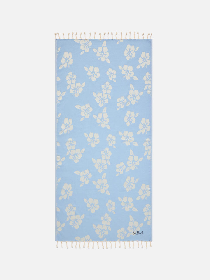 Foutas cotton Jaquard light blue beach towel with hibiscus pattern