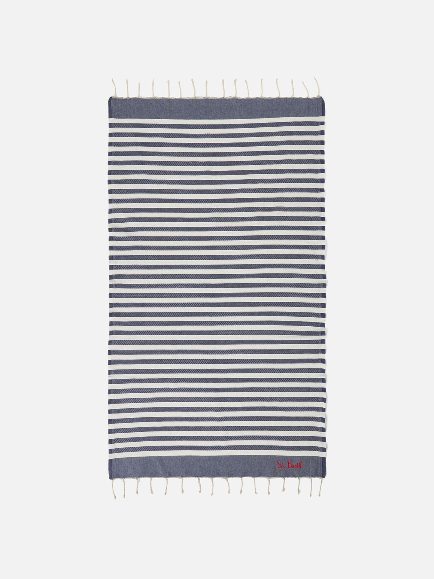 Toalla de playa fouta con rayas azules y blancas 
