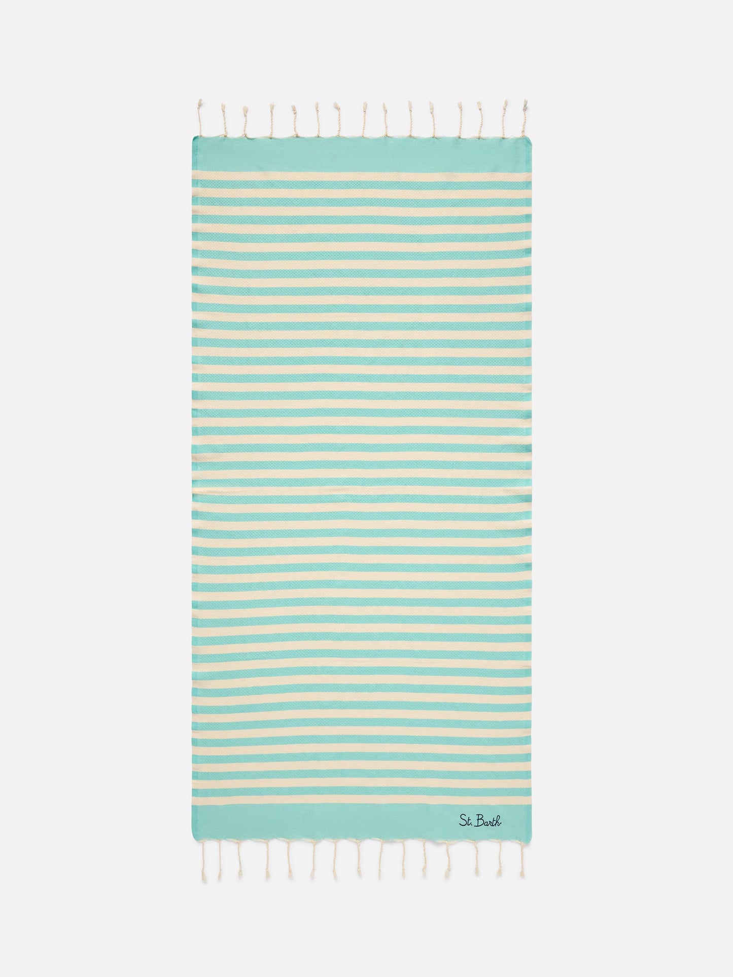 Serviette de plage fouta à rayures vert aqua et blanches 