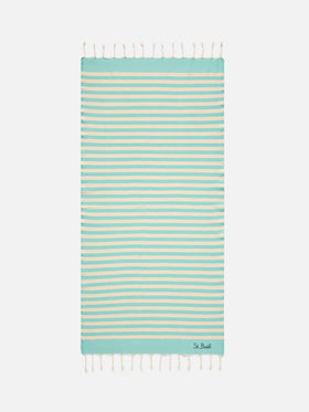 Serviette de plage fouta à rayures vert aqua et blanches 