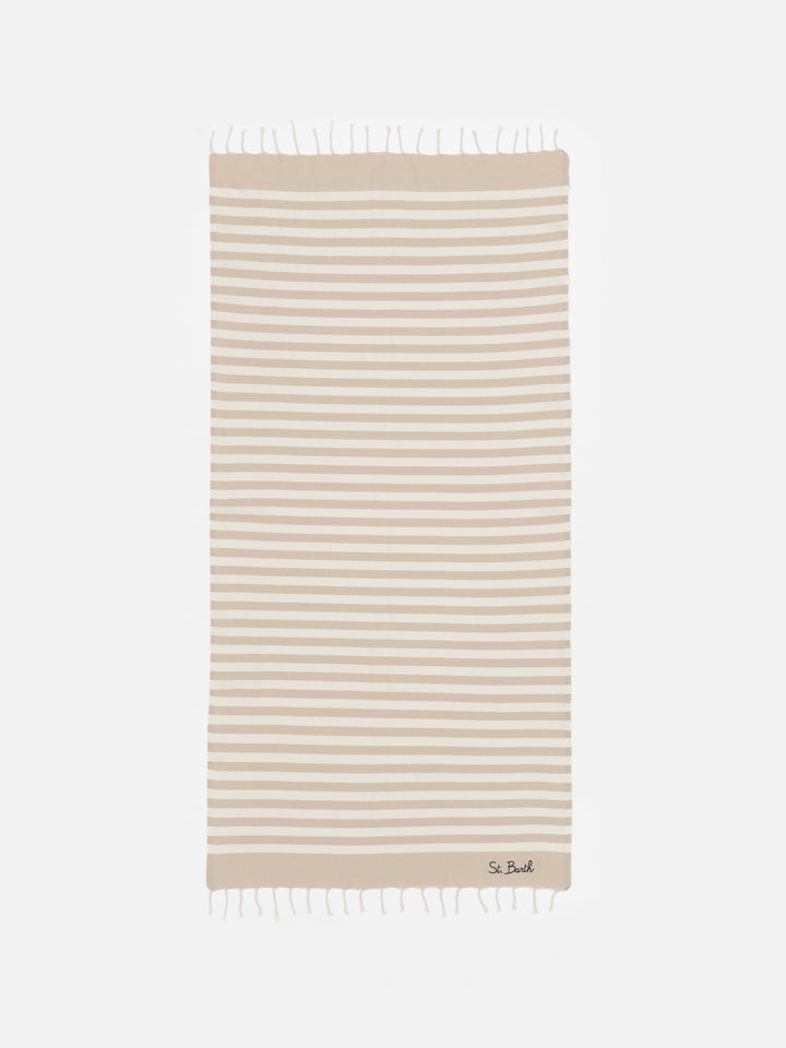 Cotton beach towel Fouta with beige striped print