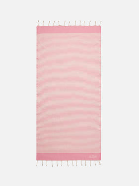 Serviette de plage fouta à fines rayures roses et blanches 