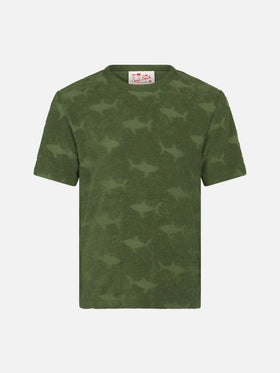 Boy military terry t-shirt Gary with shark embossed pattern - MC2 Saint Barth