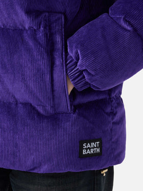 Piumino da donna imbottito in velluto a coste viola con cappuccio