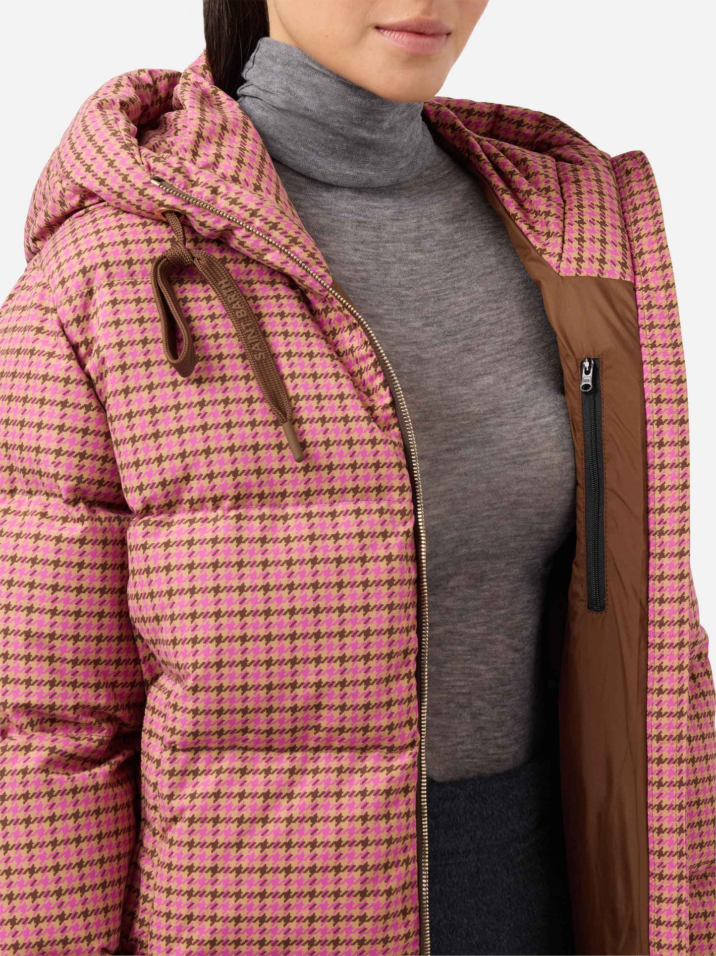 Hooded down padded jacket Geneve with pied de poul print