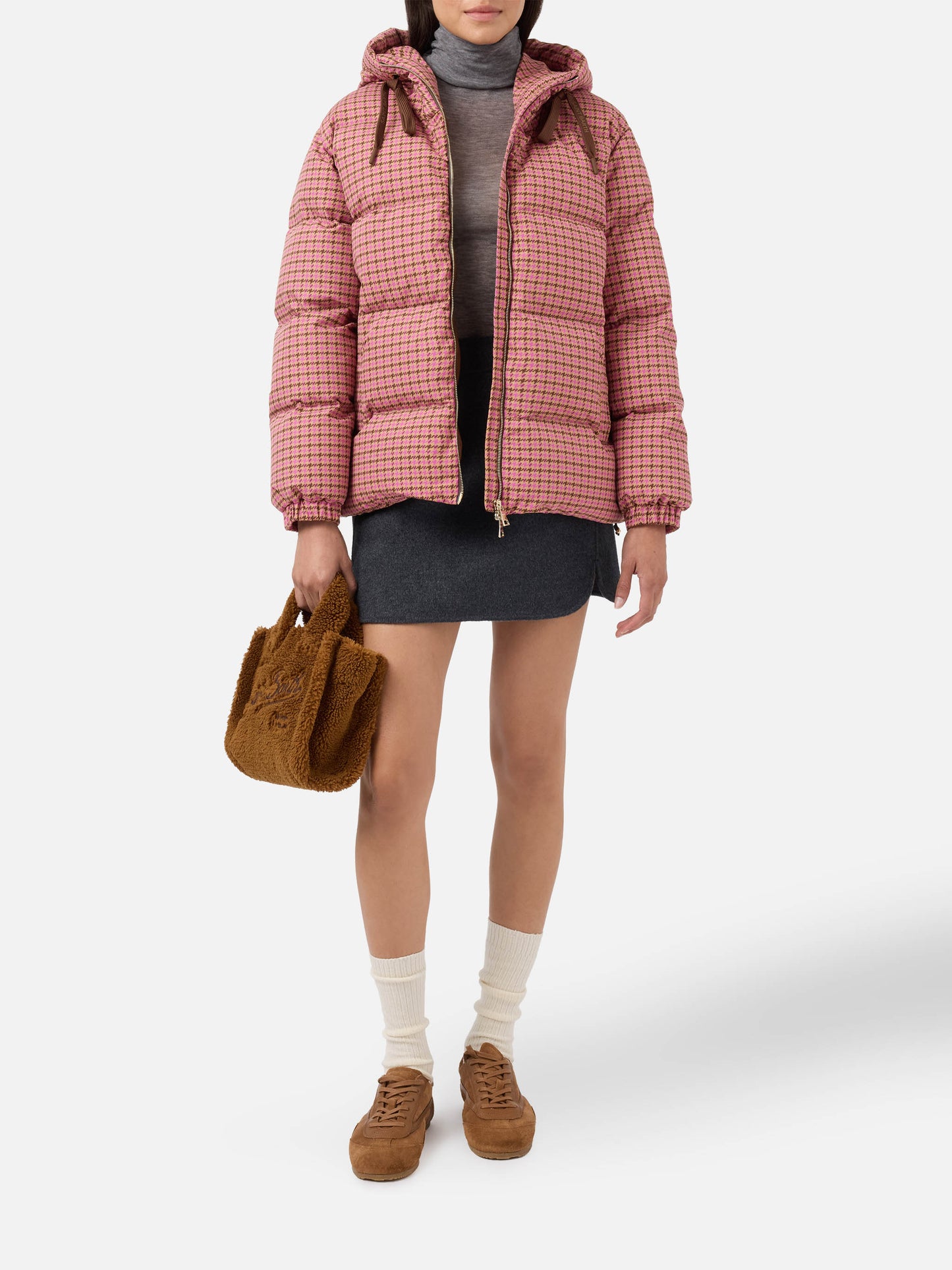 Hooded down padded jacket Geneve with pied de poul print