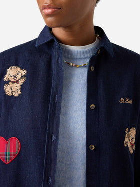 Blue Gigy cotton denim shirt with poodle embroidery