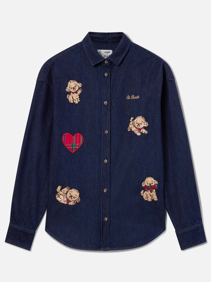 Camicia blu in denim di cotone Gigy con ricamo barboncini