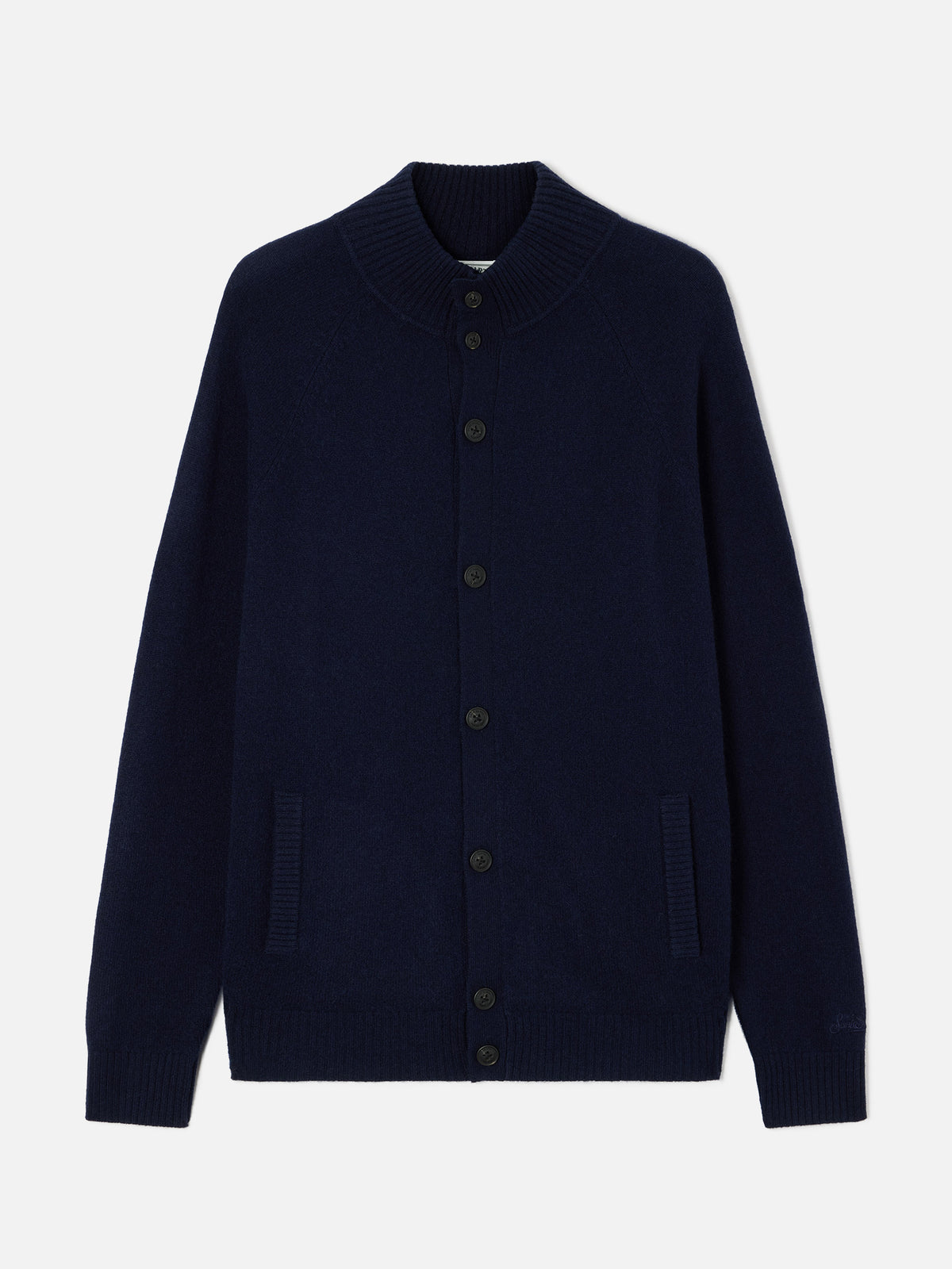 Cardigan Galway blu navy in lana lambswool con collo alto