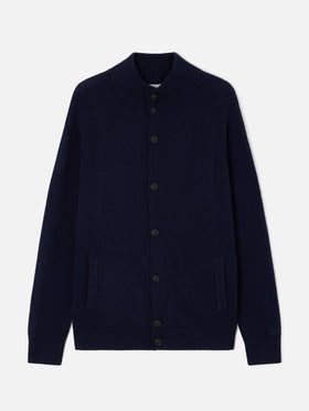 Cardigan Galway blu navy in lana lambswool con collo alto
