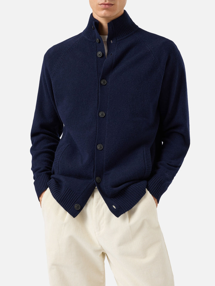 Cardigan Galway blu navy in lana lambswool con collo alto
