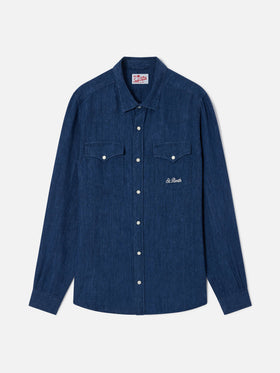 Camicia Greg in lino effetto denim blu