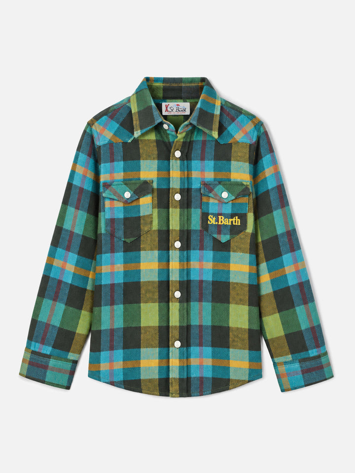 Green tartan Greg Jr shirt with logo embroidery on the pocket